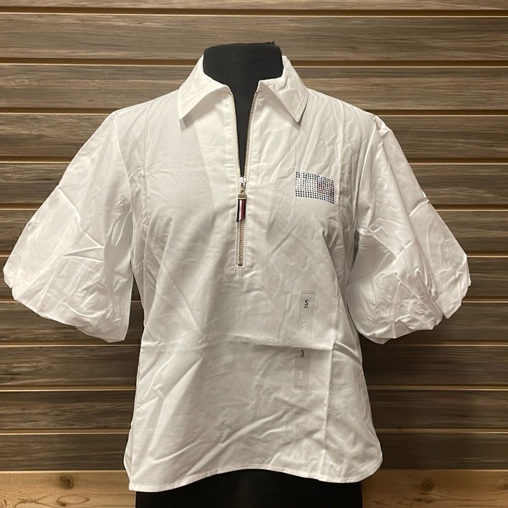 NWT Tommy Hilfiger Womens White Puff Sleeve Popover Pullover Top Size Small
